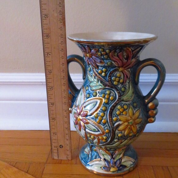 Vintage blue/gold H. Bequet Belgium quaregnon vase number 408, Mint Condition 50 - Picture 11 of 12